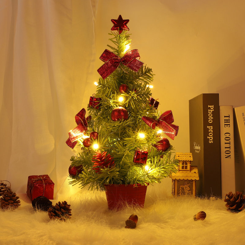 Petit arbre de Noël 45 cm avec lumières, mini arbre de décoration de bureau, 2 piles AA non incluses, Rouge