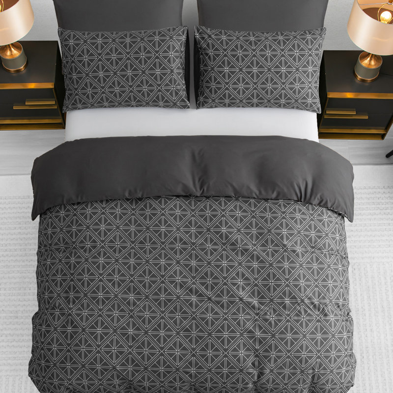 Microfiber Geometric Duvet Cover Set, King, Charcoal