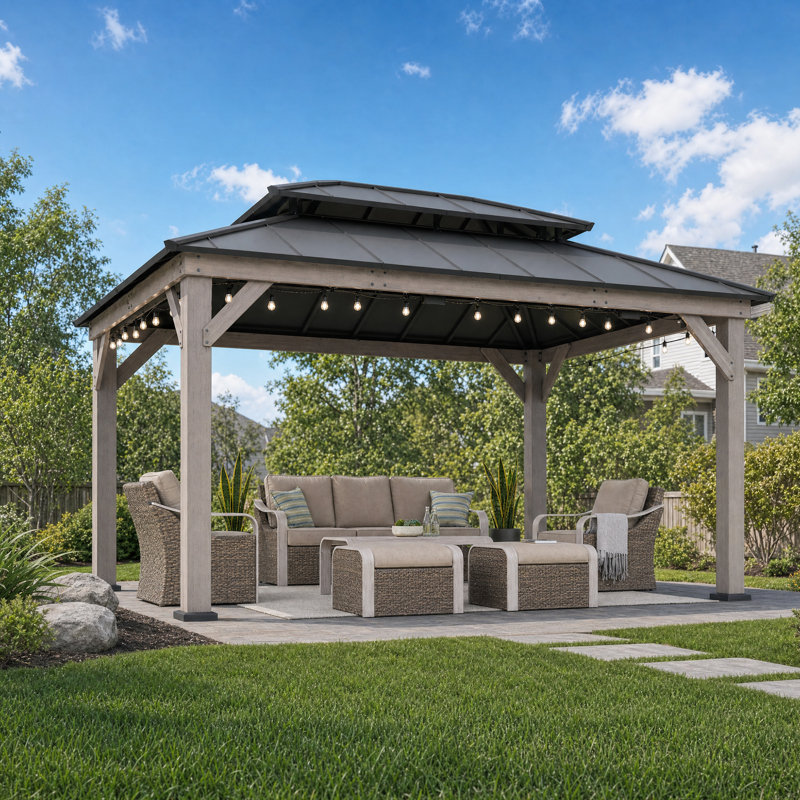Très grand pavillon de jardin en bois de cèdre 12 po x 16 pi SunSunjoy, Bois de cèdre gris, Noir mat