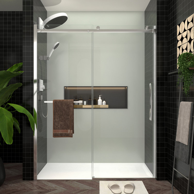 S-RM6076TC 56-60"W X 76"H Sliding Shower Door, Frameless Glass Shower Door With Chrome Hardware, Towel Bar And Handle,Drop Shipping Available