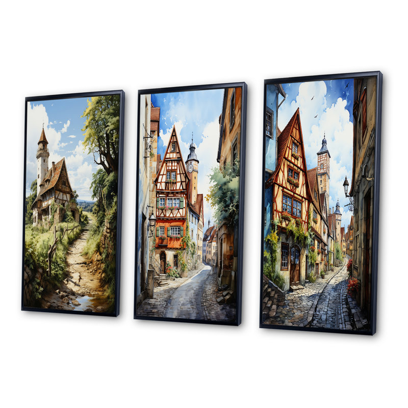 "Allemagne campagne" 3 pièces sur toile, H 28 po x l 36 po, Cadre noir