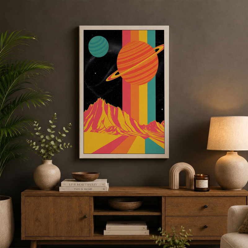 Cosmic Mountains Retro - Wrapped Canvas, 36x24 - 91.4 x 61.0 cm, Black Border