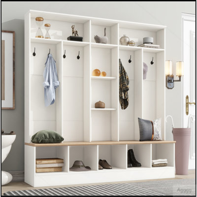 Porte-manteau tendance avec banc de rangement intégré, meuble à chaussures minimaliste avec rangements cubiques et étagères, porte-manteau multifonctionnel à 8 crochets pour entrée et buanderie, noir