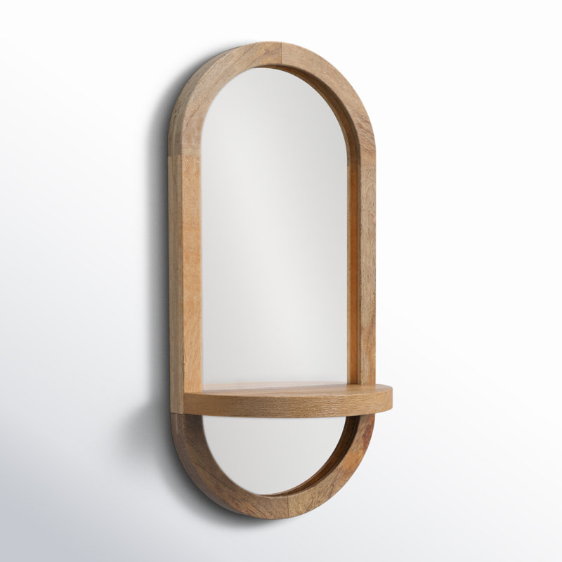 Meliora Wood Framed Capsule Mirror with Shelf, Natural, 24" x 12"