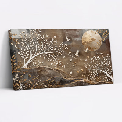 Art mural avec arbres blancs et oiseaux volants avec feuilles dorées et toile texturée