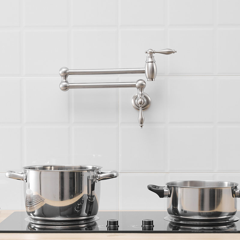 Wall Mount Pot Filler, Commercial Kitchen Faucet In Brushed Nickel, Brass Double Jointed Swing Spout, Style A, And Low - Maintenance, Smooth Action, 360 Spout Movement Material, Stretchable Joint