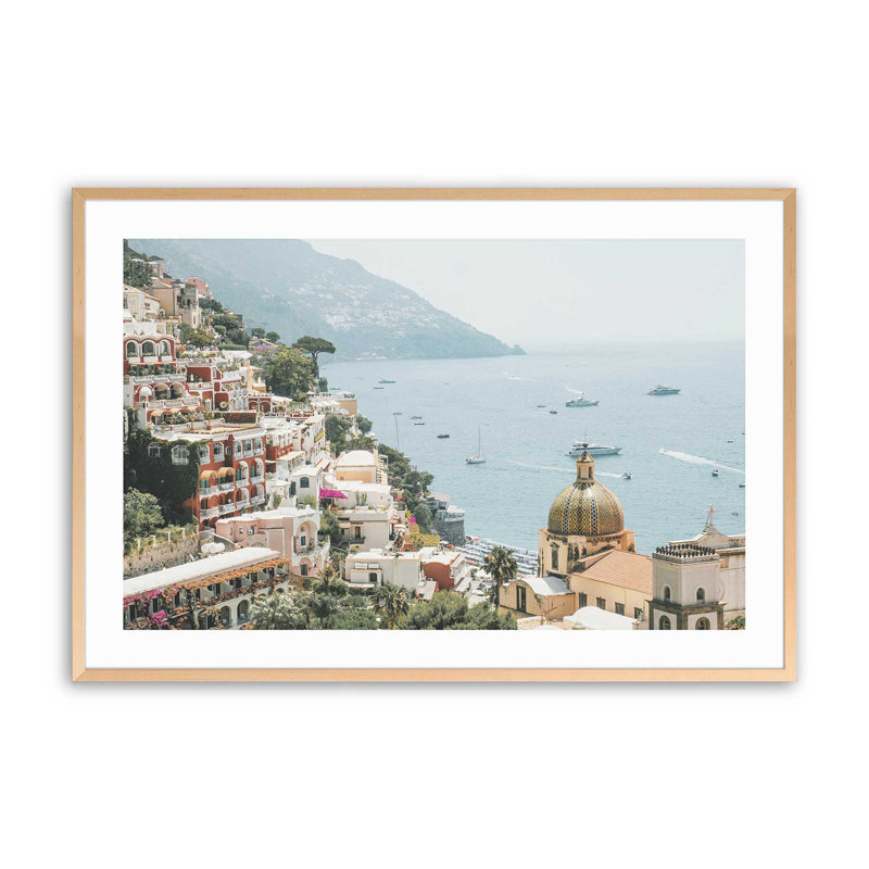 Positano Coastline Print, 25" H x 37" W x 1.25" D, Raw Maple Single Picture Framed