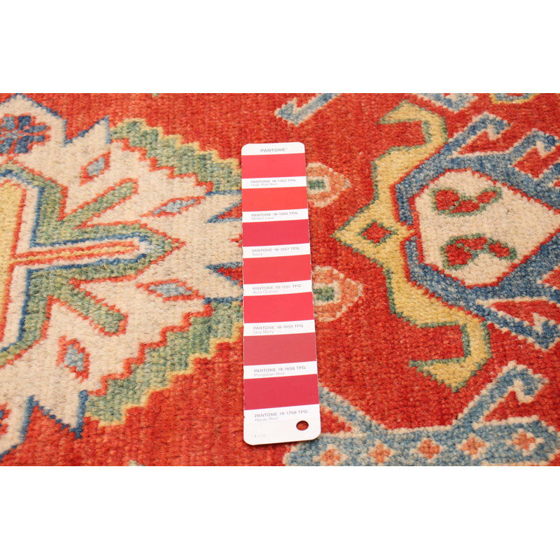 Tapis de couloir en laine noué à la main de conception unique 2 pi 9 po x 10 pi 2 po New Age Ghazni bleu clair / orange / crème