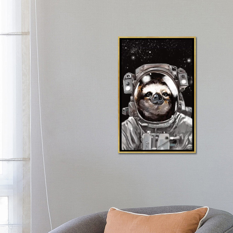 Astronaut Sloth Selfie Art, 26" H x 18" W x 1.5" D, Gold Framed Canvas
