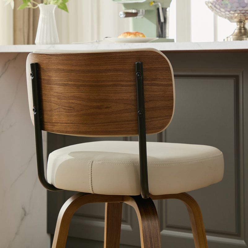 26" Swivel Upholstered Counter Stool with Walnut-Finish Bentwood Frame, Beige Grey, 2