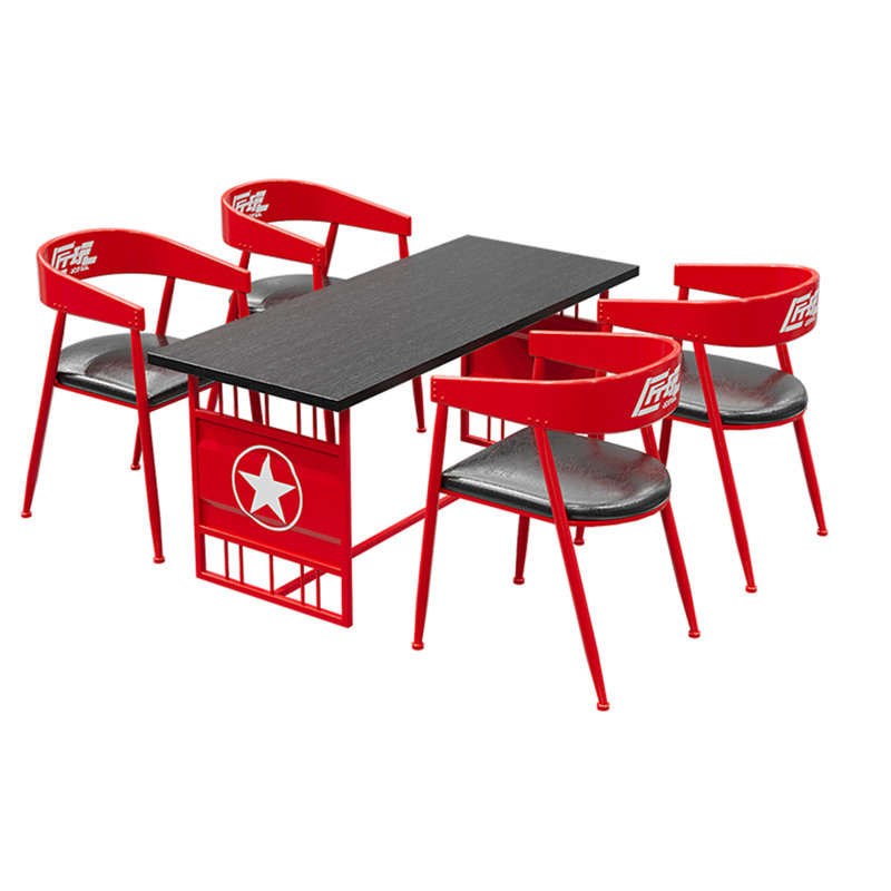 Table et chaises créatives de style industriel, 5, Rouge / noir, Plateau noir / base rouge