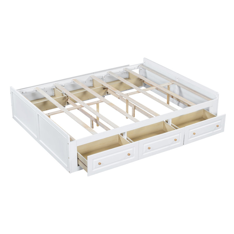 Structure de lit plateforme grand en bois avec 6 tiroirs de rangement, blanc, Blanc