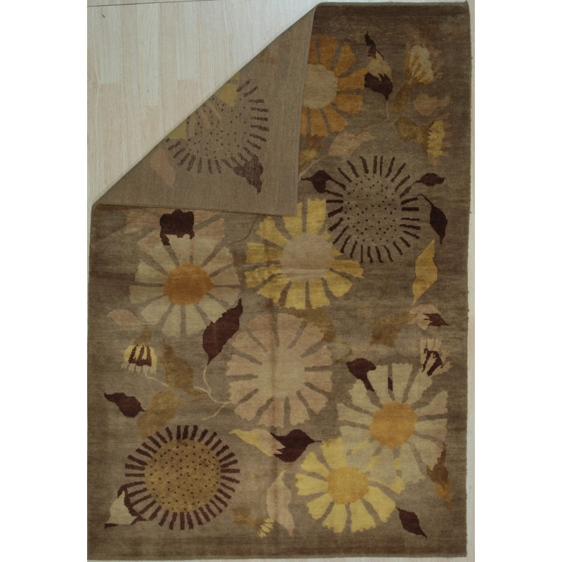 Brown Hand-Knotted Wool Abstract Floral Burst Geometric Modern Contemporary Carpet Rug, 6' x 9'