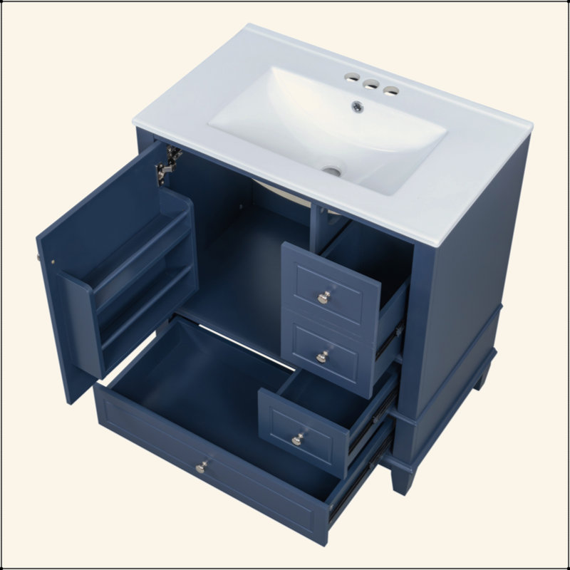 Meuble-lavabo 30 po avec lavabo, une porte avec tablette et trois tiroirs, porte à fermeture en douceur, Bleu