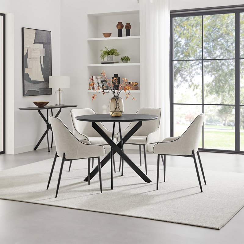 Hadlow Veneer & Metal Round Dining Table With Ophelia Fabric Chairs - Modern Statement Design, Cream, 4