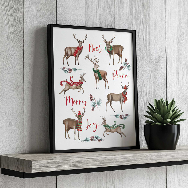 «Merry Reindeers» par Elizabeth Tyndall, reproduction d'art, L 36 x H 48, Noir, Impression encadrée