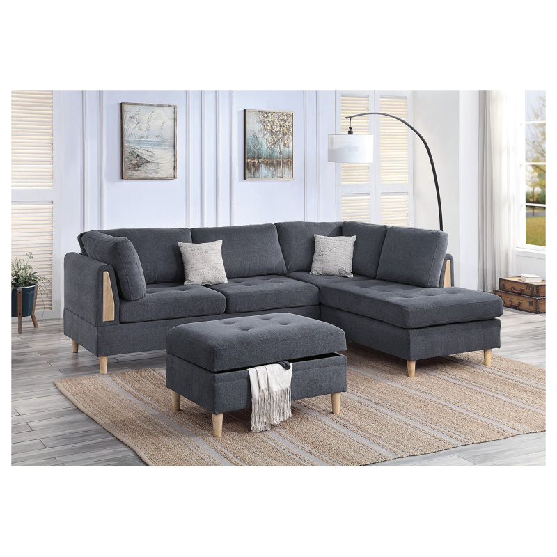 Ensemble de canapé modulaire réversible en chenille gris anthracite 3 pièces avec repose-pieds et coussins décoratifs