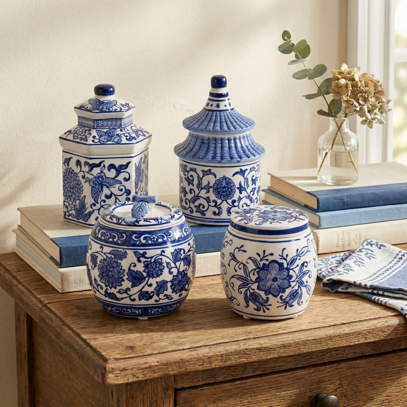 Ensemble de bougies parfumées en céramique peintes à la main avec couvercles - bois de santal, plumeria, verveine lavande et senteurs de pivoine (ensemble de 4) - bleu et blanc
