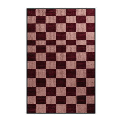 Machine Washable Checkered Red Area Rug