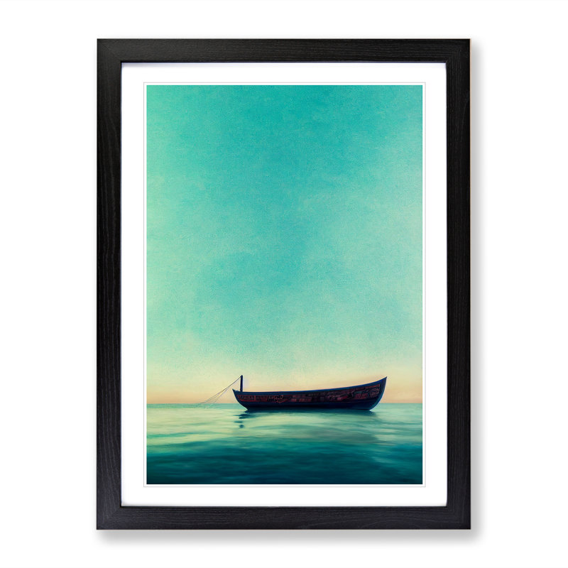 Boat On The Ocean Watercolour No.4 - Single Picture Frame Print, 64cm H x 46cm W x 2cm D, Black