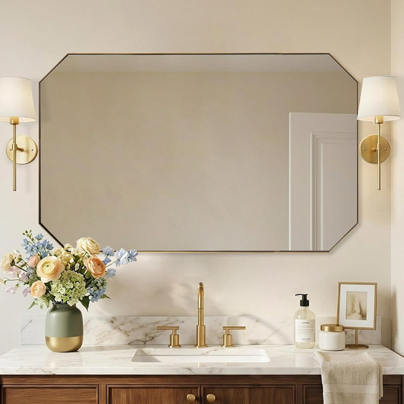 Contemporary Cut Corner Octagonal Scalloped Bathroom Vanity Mirror | Stainless Steel Frame, Brushed Gold, 48" x 30"