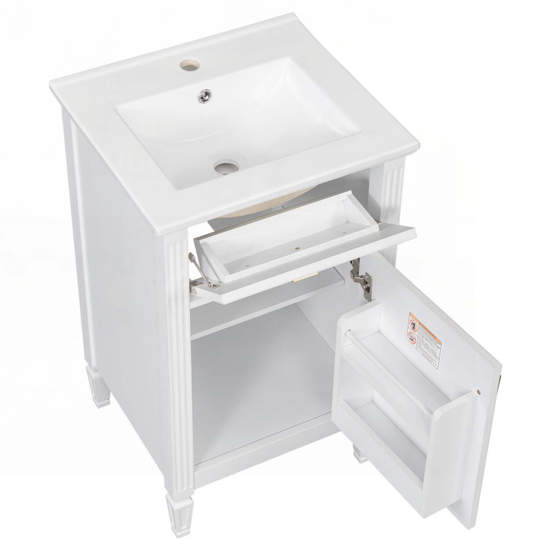 Meuble-lavabo de rangement avec lavabo en céramique, Blanc