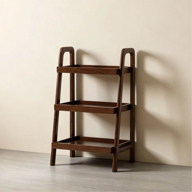 17.7"W Solid Oak Modern Leaning Ladder Shelf, 25.6"W, Brown Oak