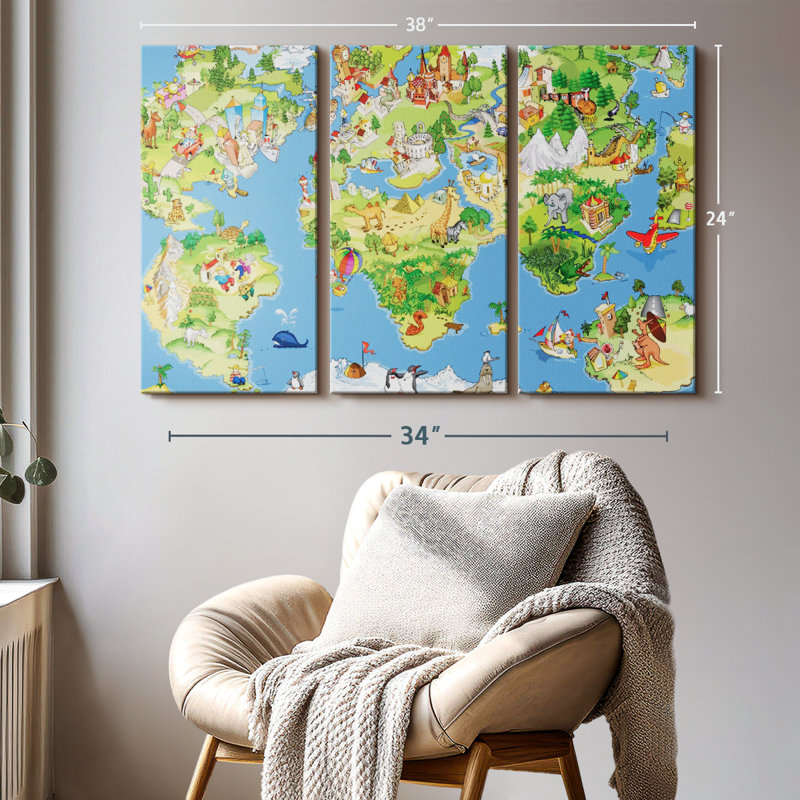 "Carte du monde à dessins animés" sur toile, H 24 po x l 38 po x P 1,25 po