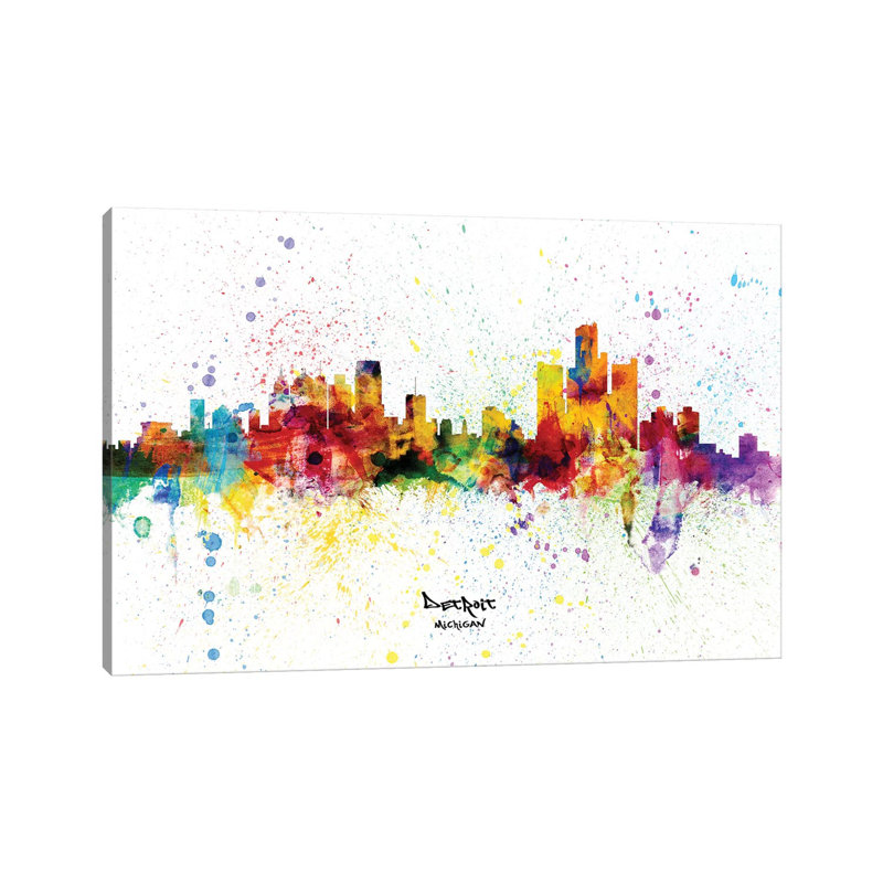 Detroit Michigan Skyline Splash by Michael Tompsett - 1 Piece Wrapped Canvas Wall Art, 30.48cm H x 30.48cm W