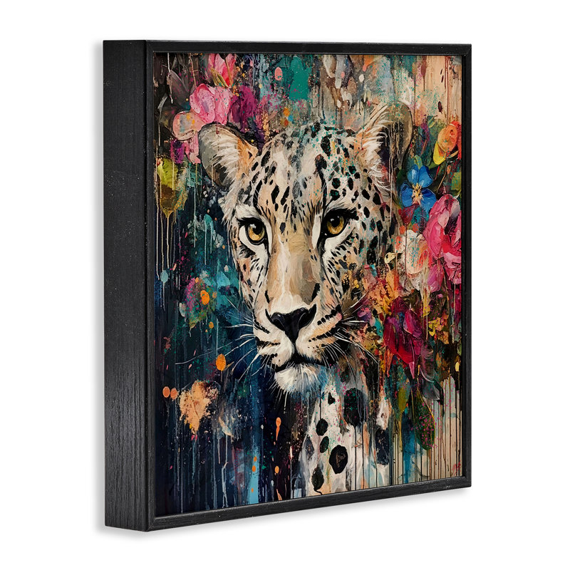 Guépard et fleurs exotiques, estampe numérique, design par Marta Wiley, Giclée noire de minuit encadrée, H 24 po x l 24 po