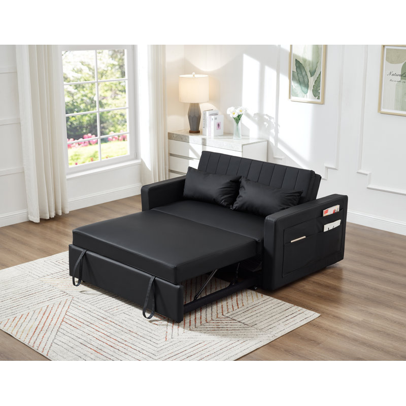 55'' Leather Small Loveseat Pull-out Sofa Bed - Adjustable Backrest With 2 Soft Pillows, Black