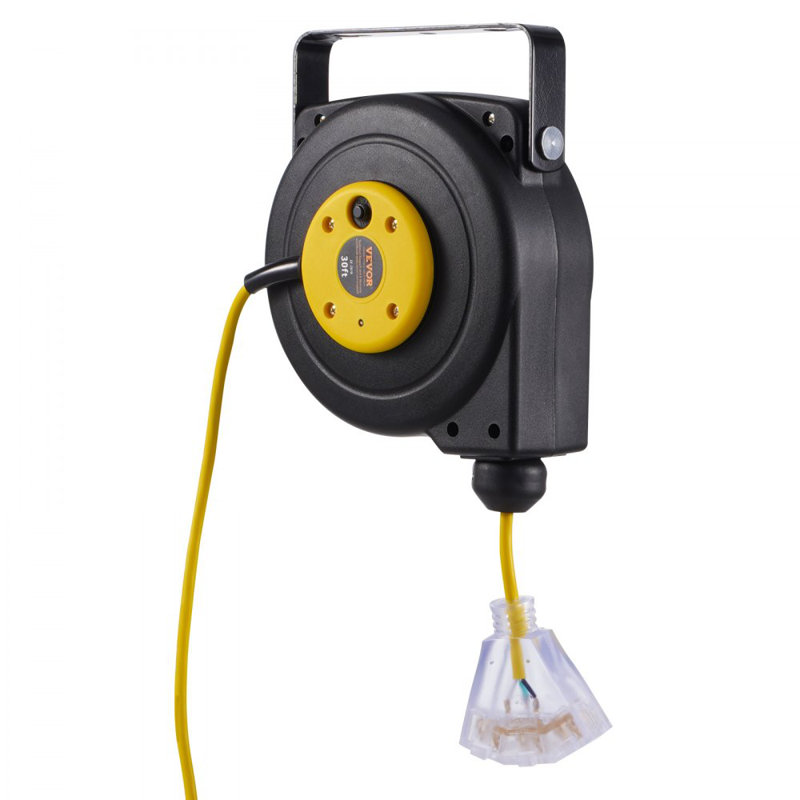 Retractable Extension Cord Reel Power Cord Reel 30FT 16AWG/3C SJTOW, Black/Yellow