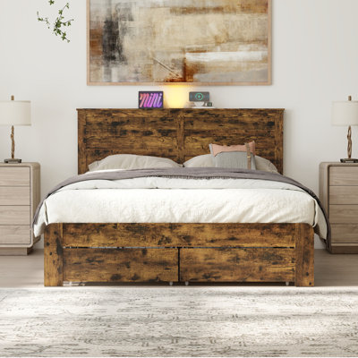 Queen Size Rustic Bed Frame with 2 Storage Drawers, Wood Platform Bed with Charging Station & LED Light, No Box Spring Needed