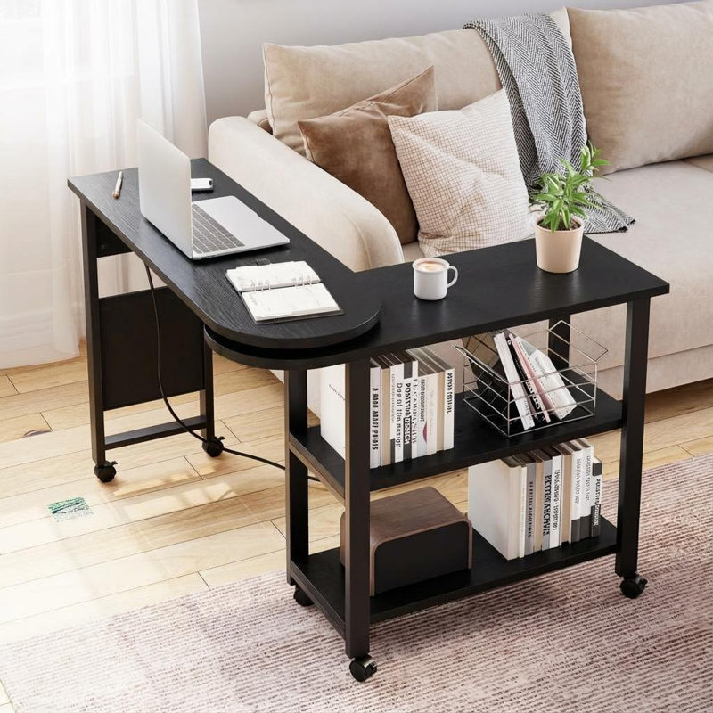 Table d'appoint à 360 ° avec station de charge, table de bout à 2 niveaux avec roulettes, pochette de rangement dissimulée et bureau mobile pour ordinateur portable