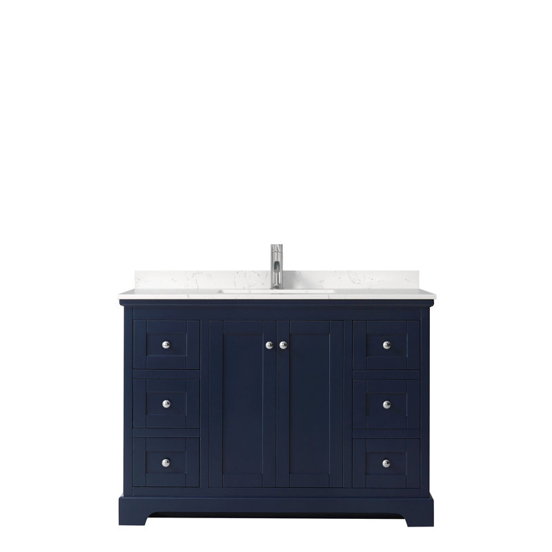 Avery 48'' Single Bathroom Vanity with Marble Top, Dark Blue, Carrara Cultured Marble, Polished Chrome