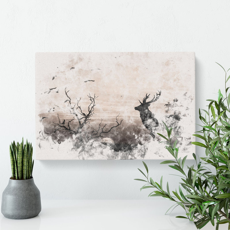Stag Deer with Birds Watercolour - Wrapped Canvas, 35cm H x 50cm W x 3cm D