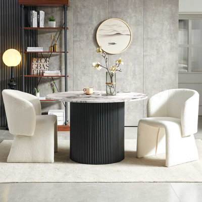 3-Piece Dining Table Set, Wood Top, Faux Fur Armchairs