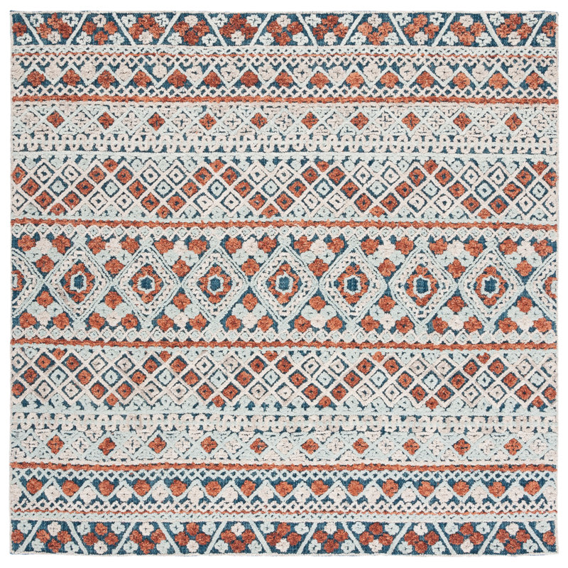 Tapis géométrique en laine / coton touffeté à la main en orange / bleu, Carré 7 pi
