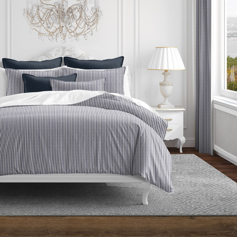 Walker Ticking Stripe Indigo/Ivory Cotton Comforter Set, Twin Comforter + 1 Standard Sham