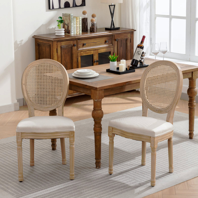 Meuble, ensemble de 2 chaises de salle à manger à dossier en rotin avec cadre en bois massif de style français, Beige