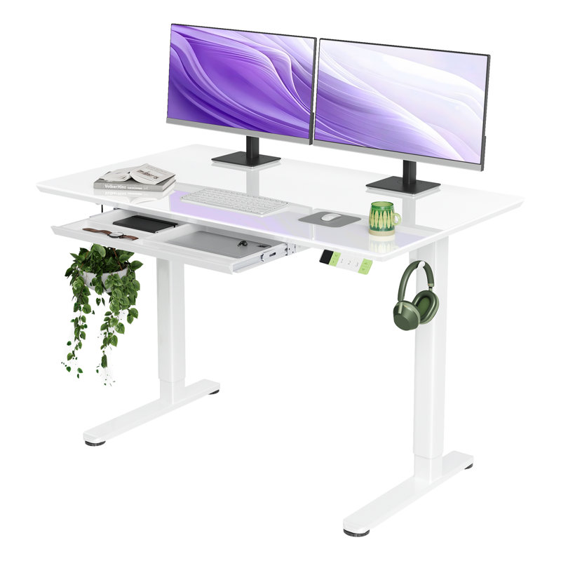 Omeed Home Office Tempered Glass Standing Desk with Drawer and Hooks, White, 46.4" H x 48" W x 24" D