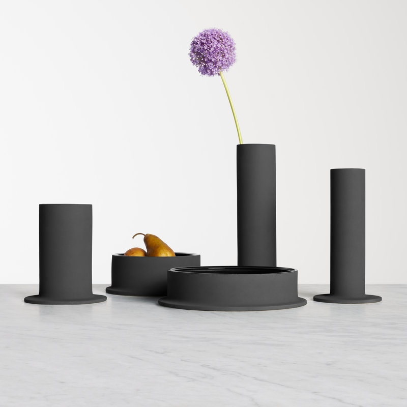 Flange Ceramic Table Vase, Black, 12" H x 6" W x 6" D