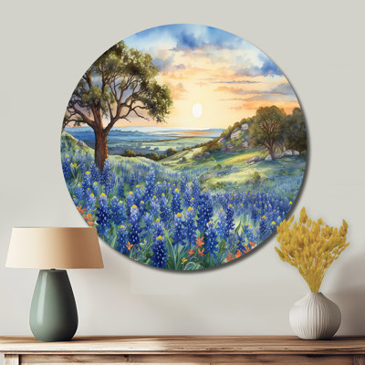 Coucher de soleil bleu - art floral rond en métal