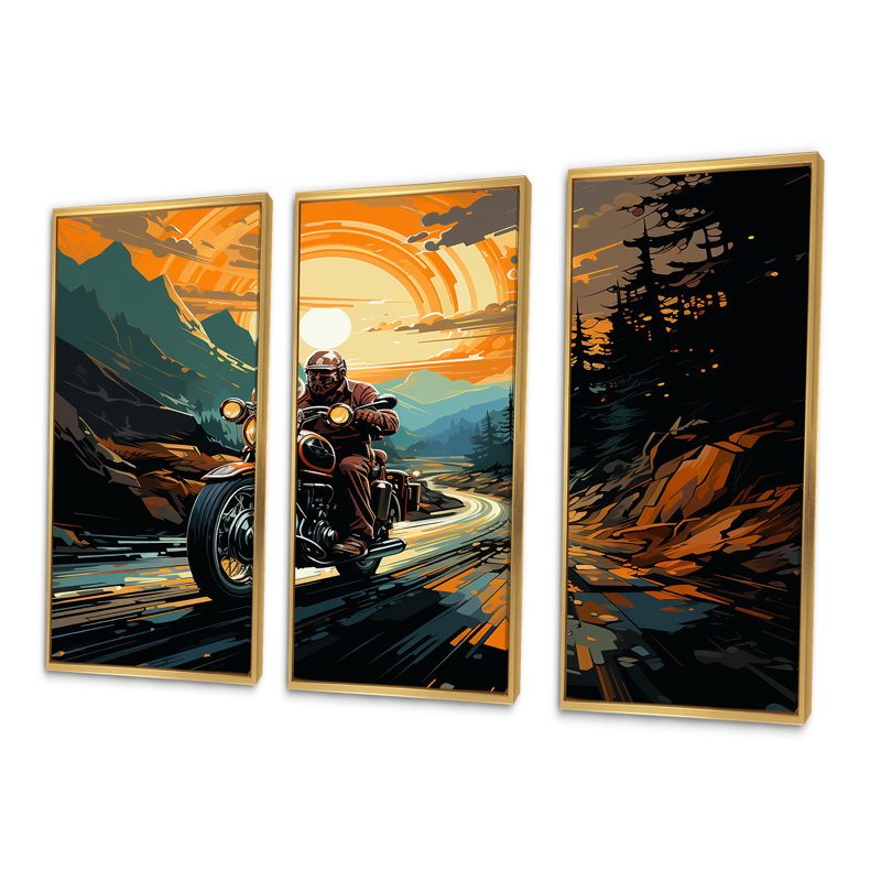 Expressionniste, tour de moto I - ensemble d'art mural moto, Cadre flottant doré, H 28 po x l 36 po x P 1 po