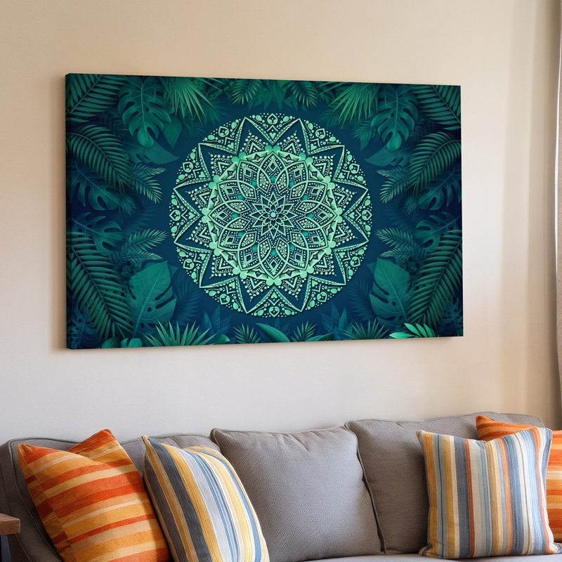 Toile, motif complexe de mandala vibrant dans différentes nuances d'art mural vert centré sur toile de fond tropicale