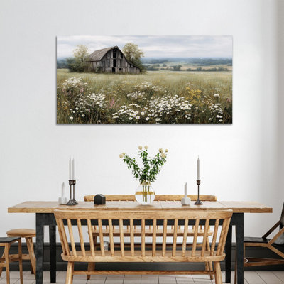 Spring Canvas Wall Art, Nature Landscape Pictures, Floral Flower Meadow Prints, Rustic Barn Painting, Landscape Artwork Canvas Wall Decor for Living