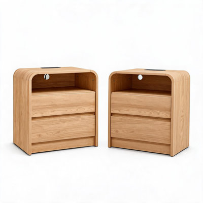Table de chevet 23,62 po de largeur en bois courbé avec tiroirs et tablette de rangement ouverte, table de chevet à bord arrondi avec trou de gestion des câbles pour la chambre et le salon