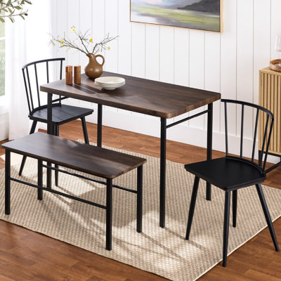  4-Piece Farmhouse Dining Table Set w/ 2 Spindle Chairs, Dining Bench, Kitchen Table, Windsor Chairs
