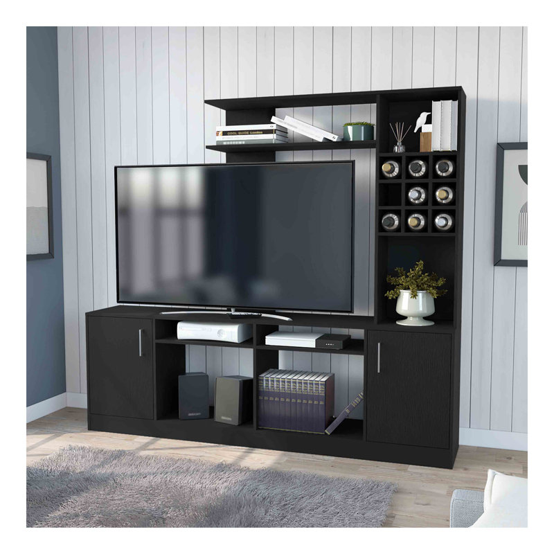 Meuble de rangement avec rangement, six tablettes extérieures, armoire à deux portes pour téléviseur de 37 po ou moins