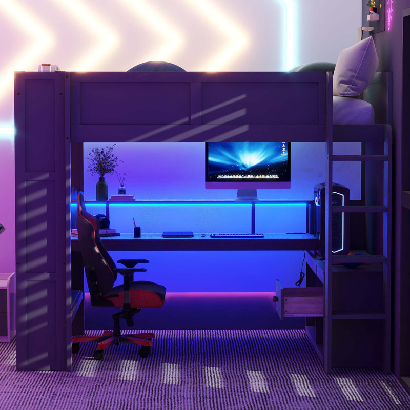 Lit mezzanine double en bois avec bureau, tablettes multiples, DEL et station de charge
